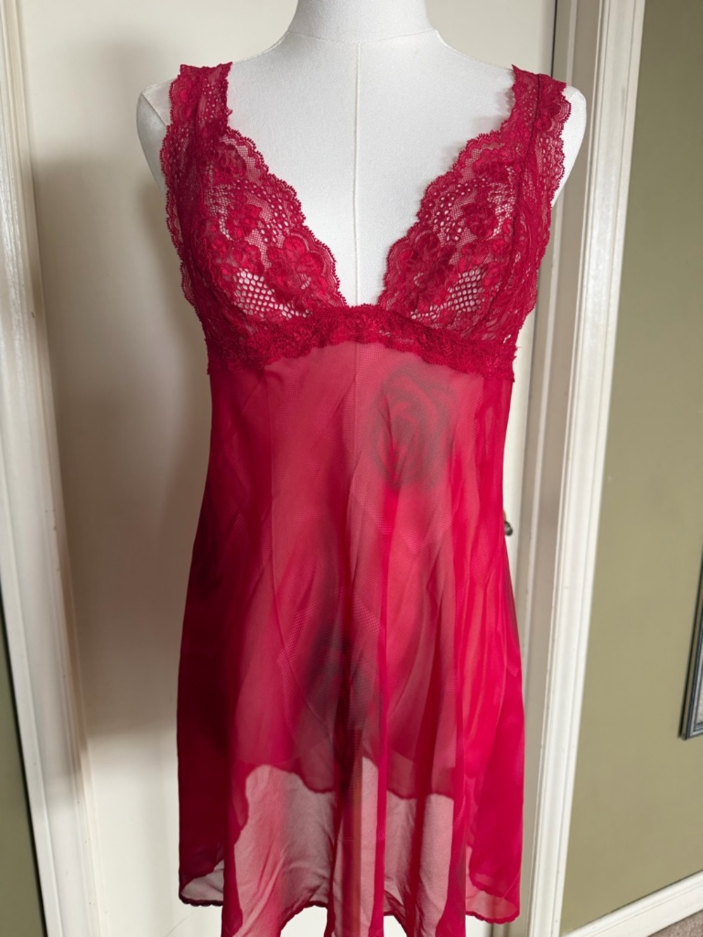 La Senza Lingerie Red Sheer Lace Babydoll Nightgown Size L